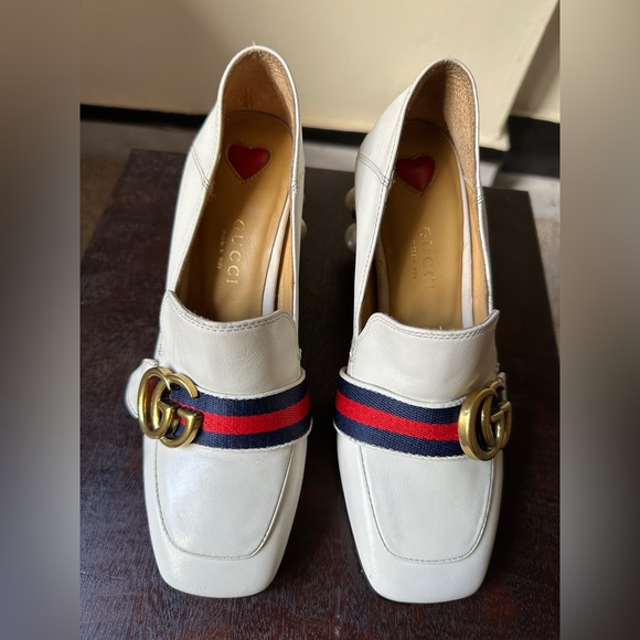 GUCCI Beige Leather Peyton GG Marmont Web Crystal Embellished Block Heel… - Picture 10 of 12